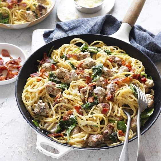 Pork Sausage Meatball and Spinach Carbonara Recipe