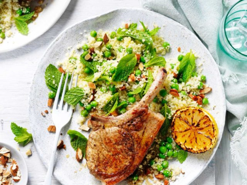 Spiced Pork Cutlets with Minted Pea Couscous